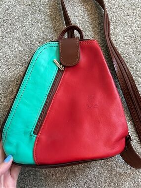 Red and Teal Leather Crossbody Sling Bag - Brown Trim